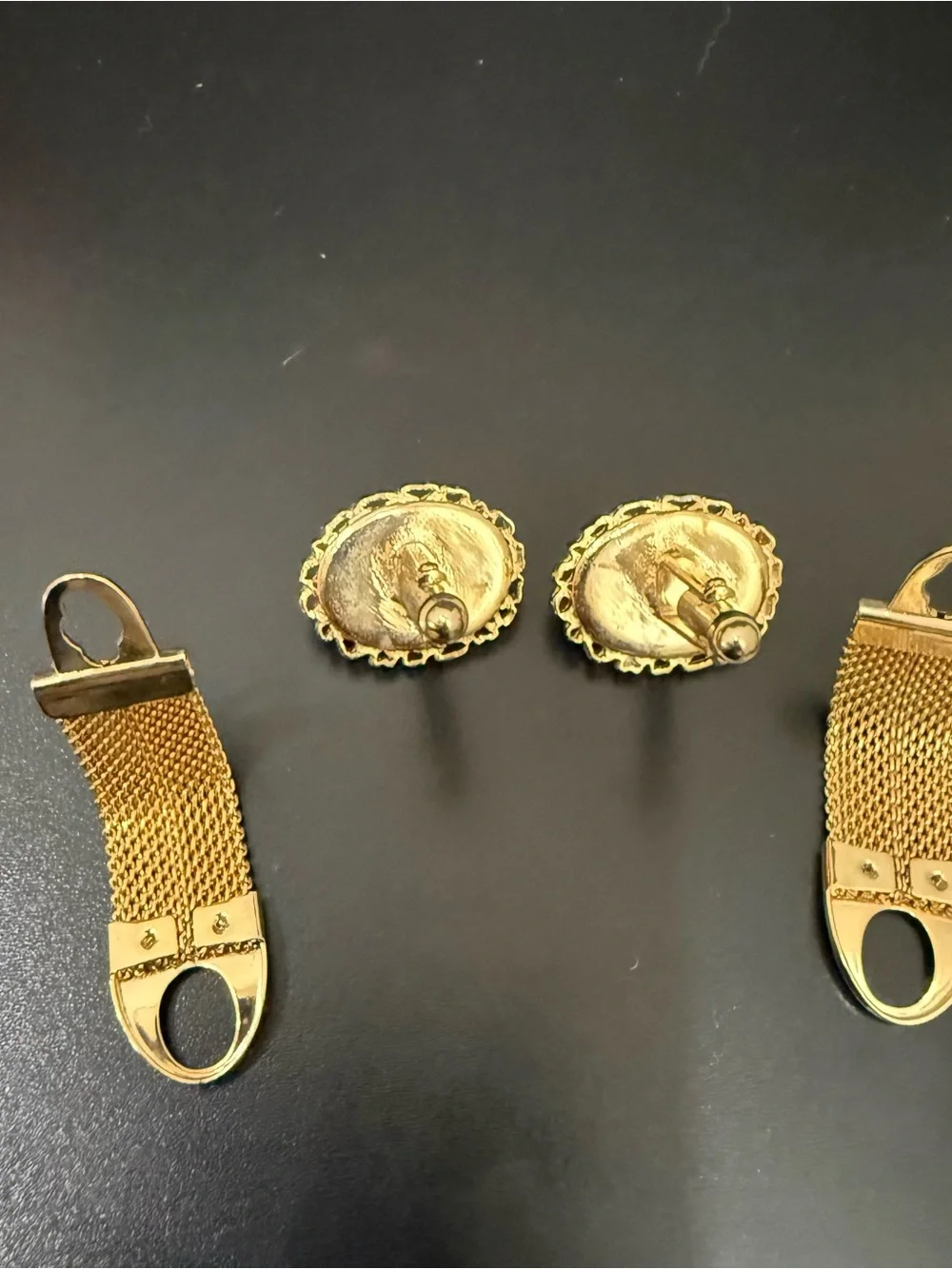 Vintage ANSON Gold-tone Faux Jade Green Stone Cabochon Mesh Cufflinks